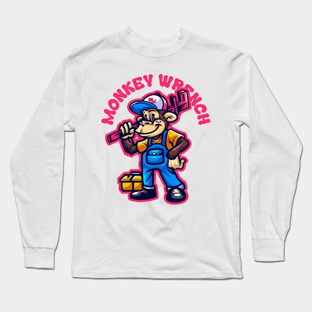 Monkey Wrench Happy Funny Car Mechanic Retro Cartoon Vintage Comic Long Sleeve T-Shirt by REVISTANGO